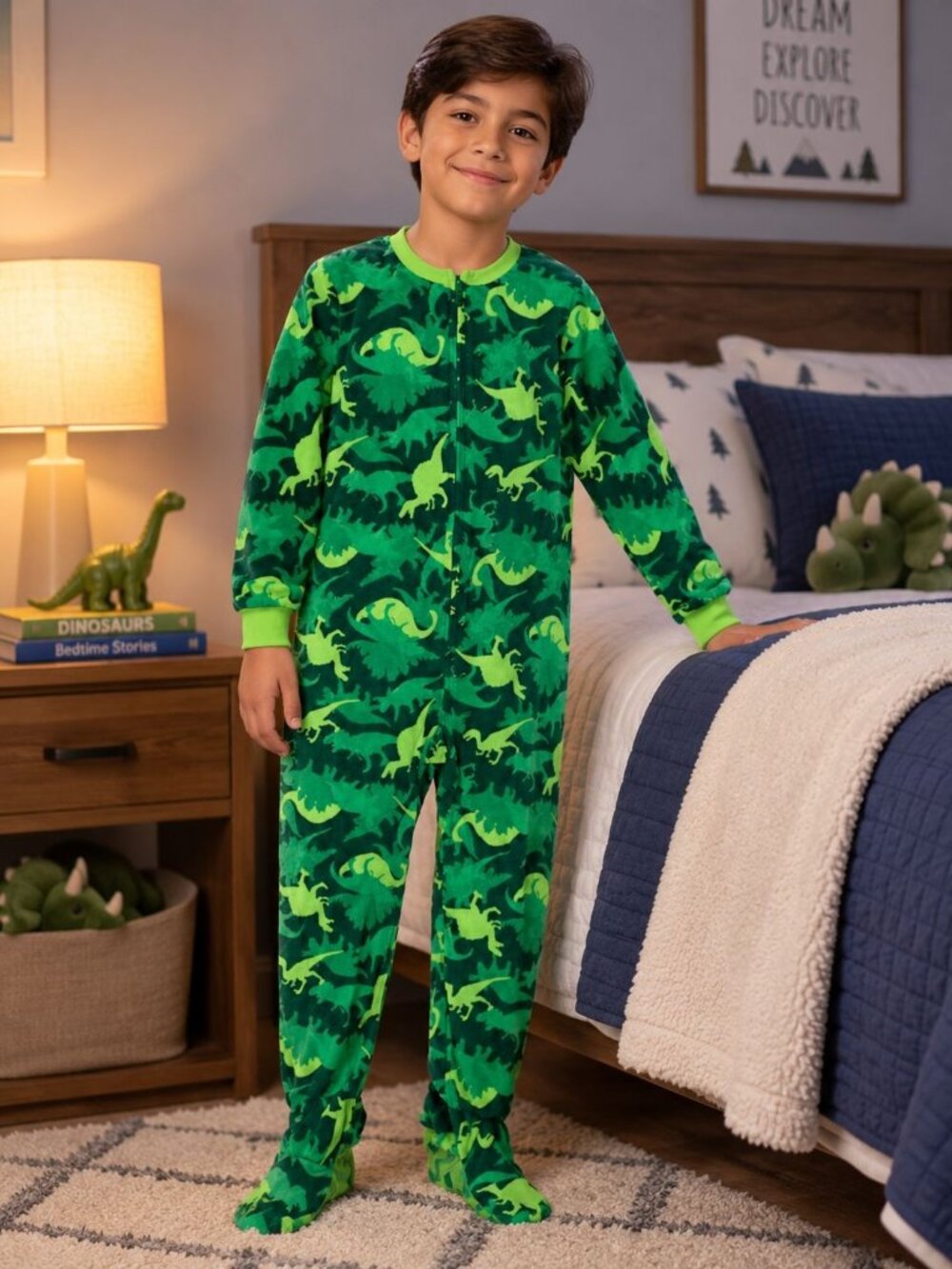 Komar Kids Boys Green Dinosaur Fleece Blanket Sleeper Footed Pajamas 10-12
